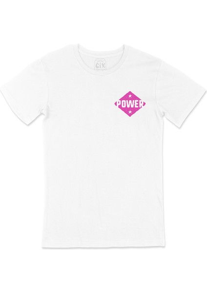 Pembe Power Cep Logo Tasarımlı Beyaz Tişört
