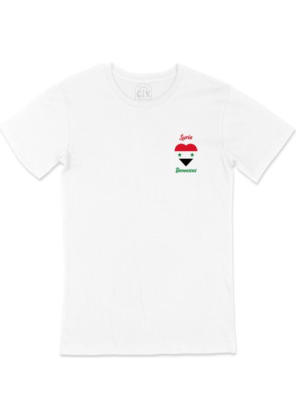 Damascus Suriye Bayraklı Kalpli Cep Logo Tasarımlı Beyaz Tişört