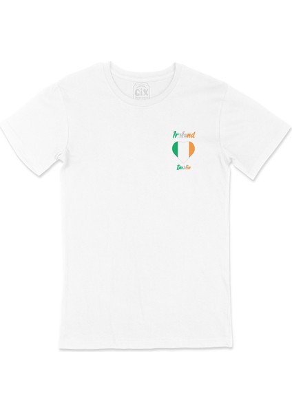 Dublin Irlanda Bayraklı Kalpli Cep Logo Tasarımlı Beyaz Tişört
