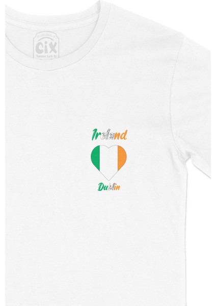 Dublin Irlanda Bayraklı Kalpli Cep Logo Tasarımlı Beyaz Tişört fiyatları