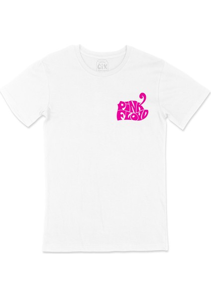 Pembe Pink Floyd Cep Logo Tasarımlı Beyaz Tişört