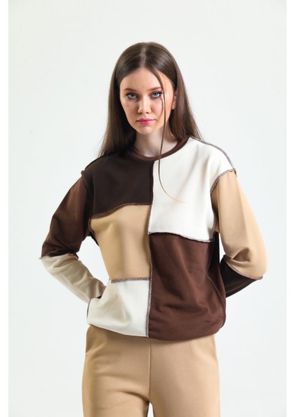 Kahverengi Parçalı Patchwork Sweatshirt