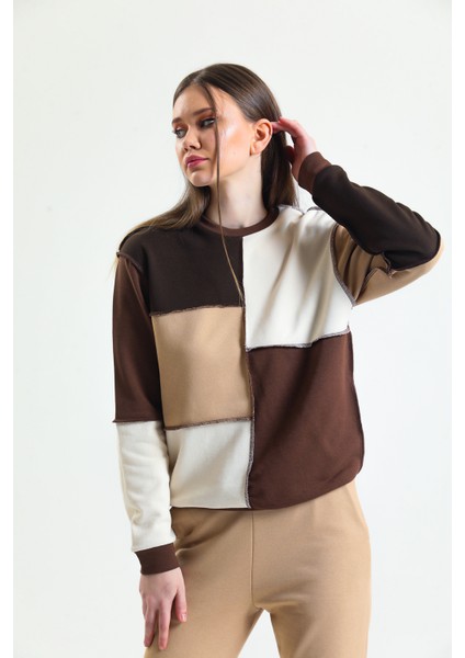 Kahverengi Parçalı Patchwork Sweatshirt