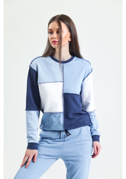 Lacivert Parçalı Patchwork Sweatshirt