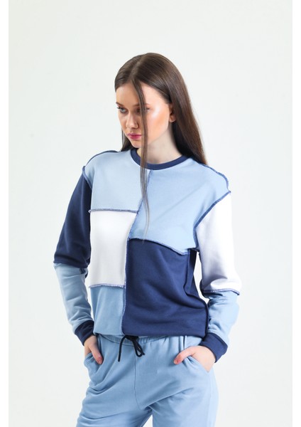 Lacivert Parçalı Patchwork Sweatshirt