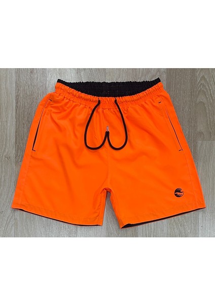 Erkek Fosfor Oranj-Siyah Garnili Nakışlı Şort
