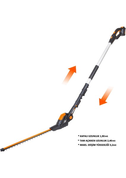 WG252E 20VOLT 2.0AH Li-Ion Tek Akülü 45CM Profesyonel Teleskobik Saplı Açı Ayarlı Çit Budama