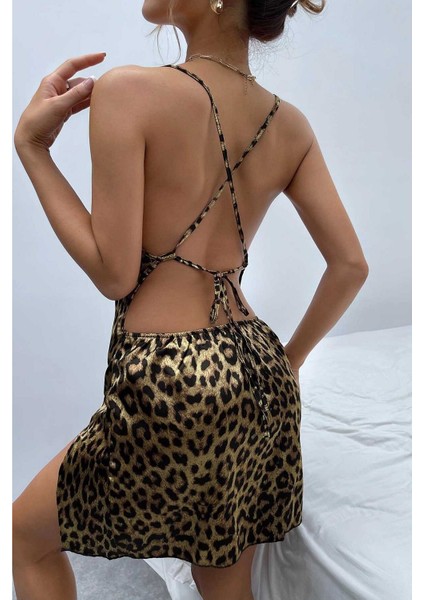 Yırtmaçlı Saten Leopar Gecelik Elbise modelleri