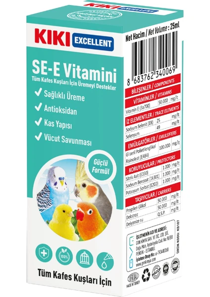 Kiki Excellent Kuş Se-E Vitamini 25 Ml. KB107