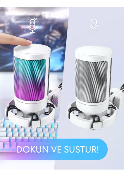 Ampligame A6V Yayıncı - Oyuncu - Podcast - Youtuber Rgb USB Mikrofon Beyaz