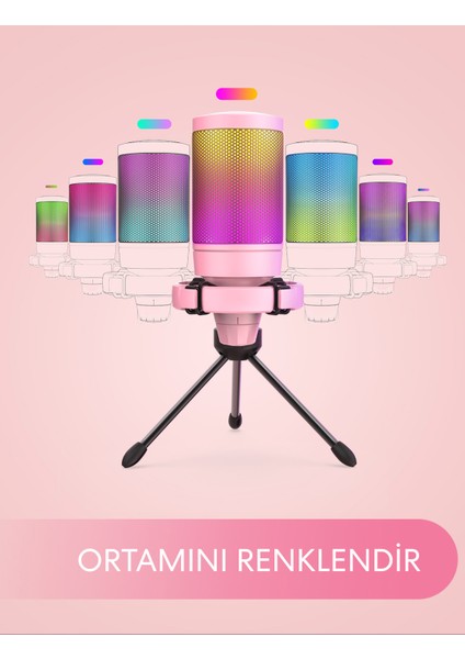 Ampligame A6V Yayıncı - Oyuncu - Podcast - Youtuber Rgb USB Mikrofon Pembe