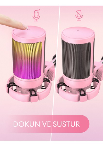 Ampligame A6V Yayıncı - Oyuncu - Podcast - Youtuber Rgb USB Mikrofon Pembe