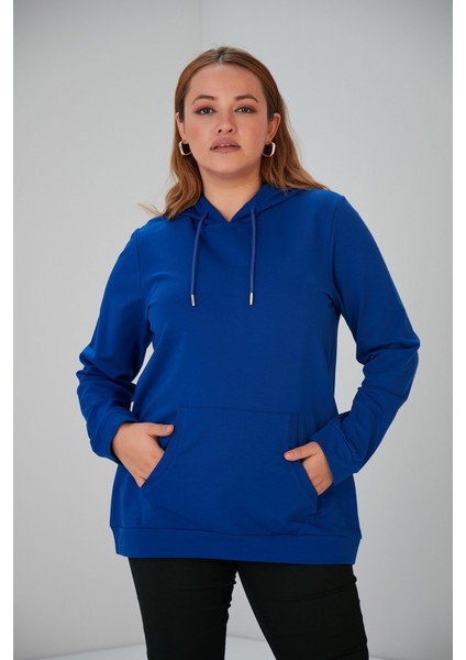 Kapşonlu Büyük Beden Saks Sweatshirt