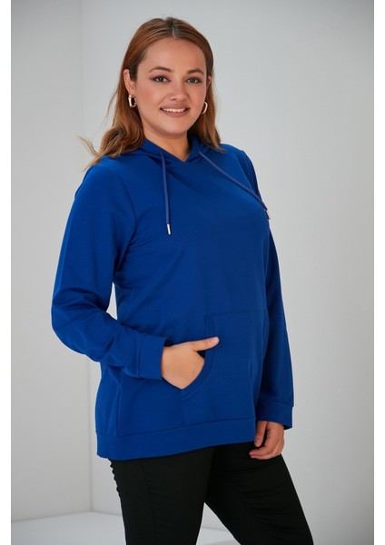 Kapşonlu Büyük Beden Saks Sweatshirt modelleri