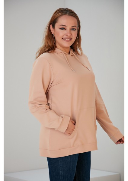 Kapşonlu Büyük Beden Vizon Sweatshirt