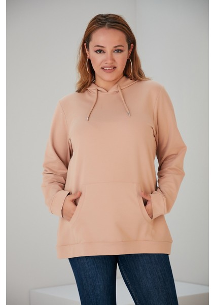 Kapşonlu Büyük Beden Vizon Sweatshirt