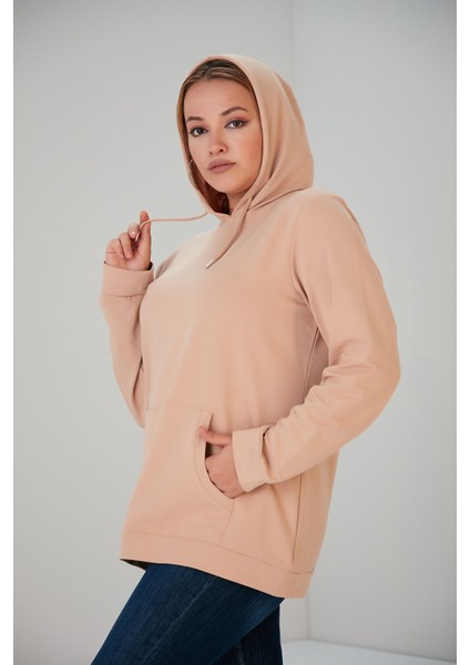 Kapşonlu Büyük Beden Vizon Sweatshirt modelleri