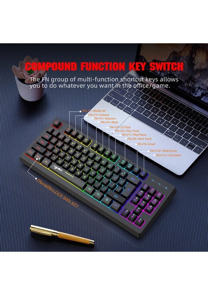 87 Keys Kablosuz Klavye Kompakt Rgb Arka Işığı Siyah(Yurt Dışından)