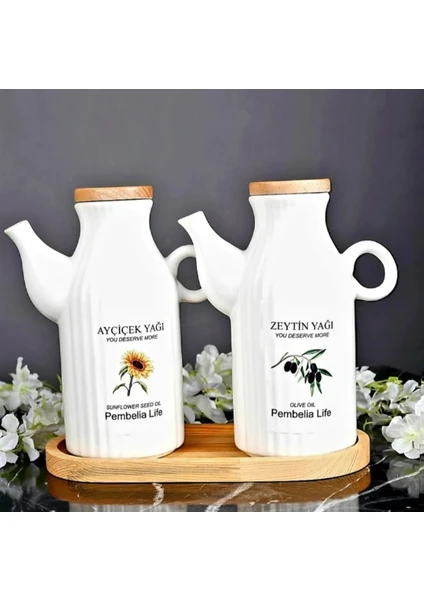 Kitchen Pembelia Bambu Standlı 2'LI1000ML Etiketli Yağdanlık Yağlık Set