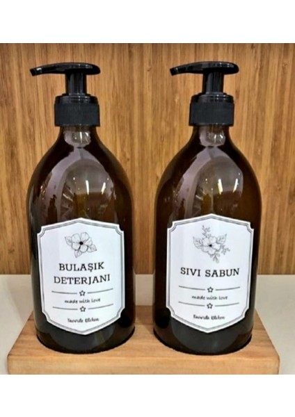 Ahşap Standlı 500ml Cam 2'Li Amber Sabunluk Deterjanlık