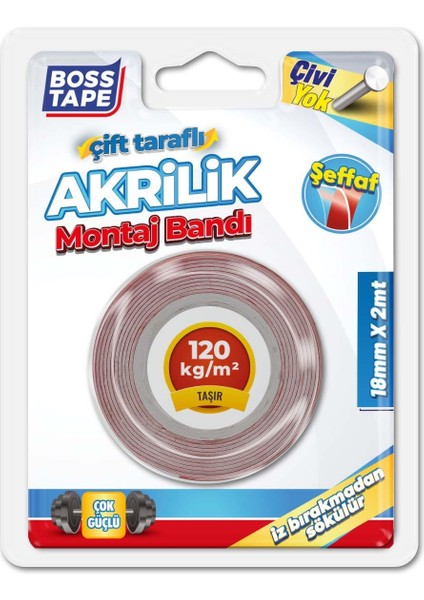 Boss Tape Şeffaf Çift Taraflı Çok Güçlü Akrilik Silikoniz Montaj Bandı 18mmx2mt