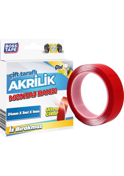 Boss Tape Çift Taraflı Bant Şeffaf Çok Güçlü Akrilik Silikon Montaj Bandı En:24mm Boy:3mt