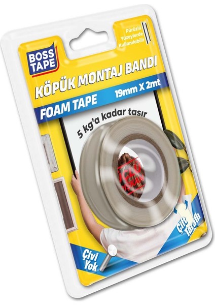 Boss Tape Çift Taraflı Köpük Montaj Bandı 19 mm x 2 M