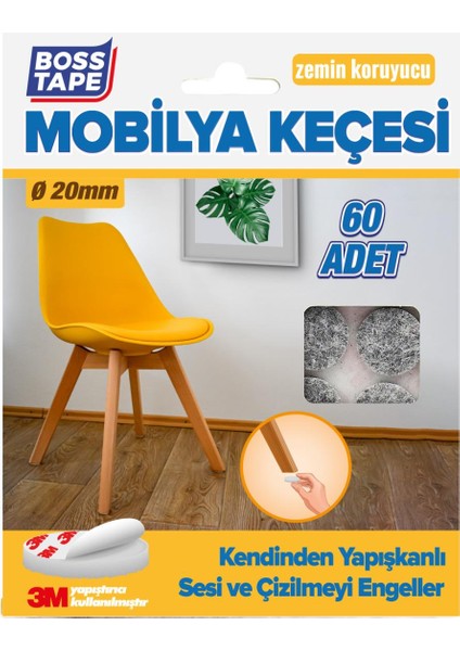 Boss Tape 3M Yapışkanlı 60 Adet 20MM Gri Mobilya Sandalye Masa Ayağı Keçesi