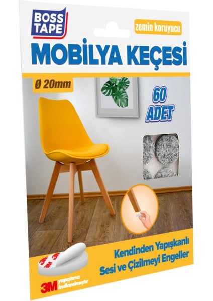 Boss Tape 3M Yapışkanlı 60 Adet 20MM Gri Mobilya Sandalye Masa Ayağı Keçesi