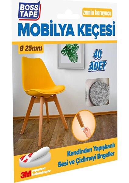 Boss Tape 3M Yapışkanlı 40 Adet 25MM Gri Mobilya Sandalye Masa Ayağı Keçesi