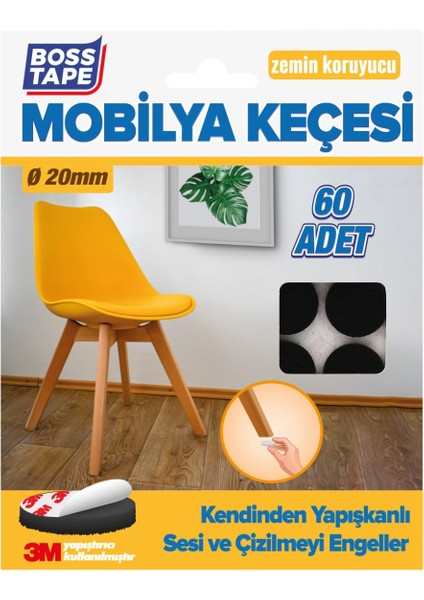 Boss Tape 3M Yapışkanlı 60 Adet 20MM Siyah Mobilya Sandalye Masa Ayağı Keçesi