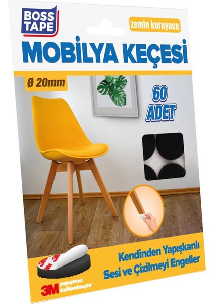 Boss Tape 3M Yapışkanlı 60 Adet 20MM Siyah Mobilya Sandalye Masa Ayağı Keçesi