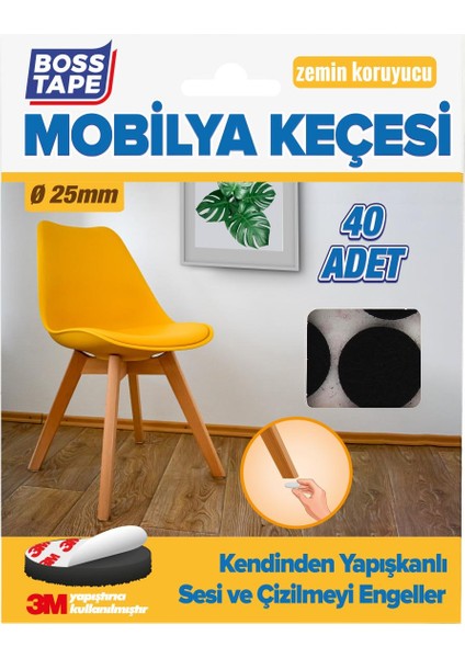 Boss Tape 3M Yapışkanlı 40 Adet 25MM Siyah Mobilya Sandalye Masa Ayağı Keçesi