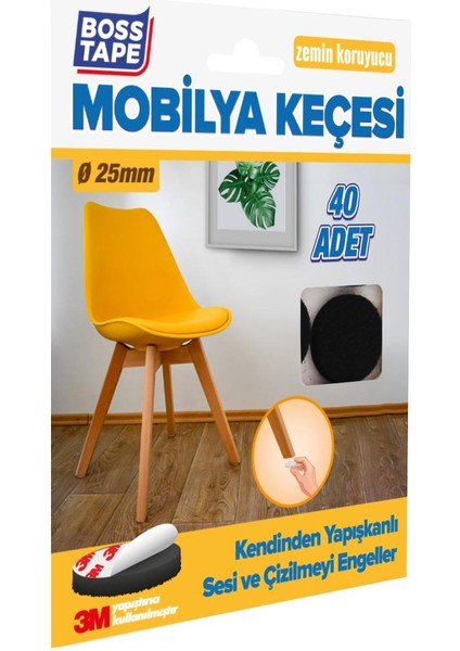 Boss Tape 3M Yapışkanlı 40 Adet 25MM Siyah Mobilya Sandalye Masa Ayağı Keçesi