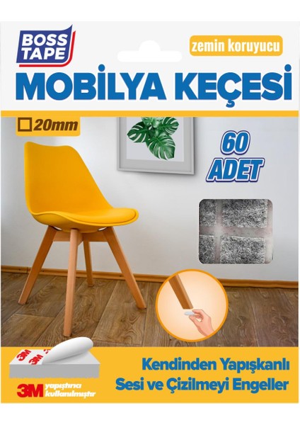 Boss Tape 3M Yapışkanlı 60 Adet 20MM Gri Mobilya Sandalye Masa Ayağı Keçesi