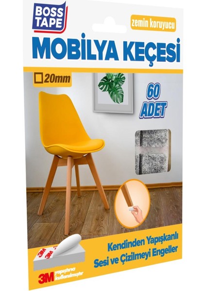 Boss Tape 3M Yapışkanlı 60 Adet 20MM Gri Mobilya Sandalye Masa Ayağı Keçesi