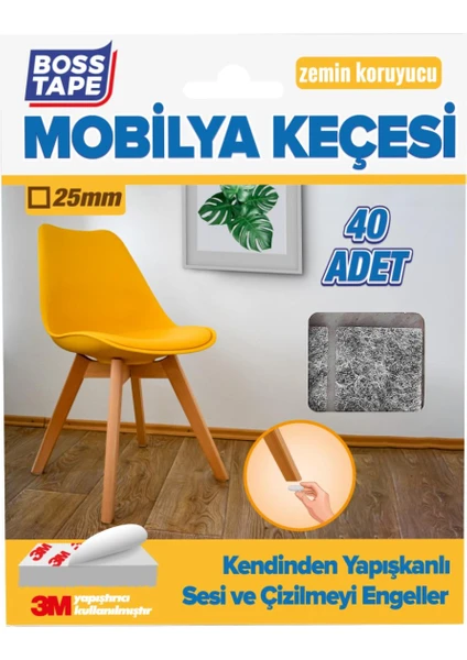 Boss Tape 3M Yapışkanlı 40 Adet 25MM Kare Gri Mobilya Sandalye Masa Ayağı Keçesi