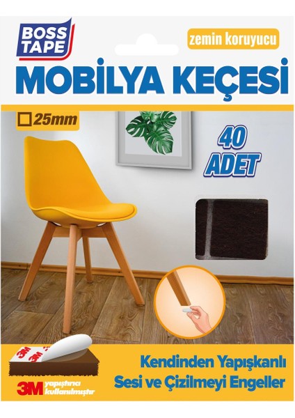 Boss Tape 3M Yapışkanlı 40 Adet 25MM Kare Kahverengi Mobilya Sandalye Masa Ayağı Keçesi