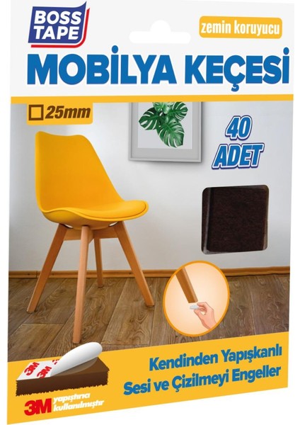 Boss Tape 3M Yapışkanlı 40 Adet 25MM Kare Kahverengi Mobilya Sandalye Masa Ayağı Keçesi