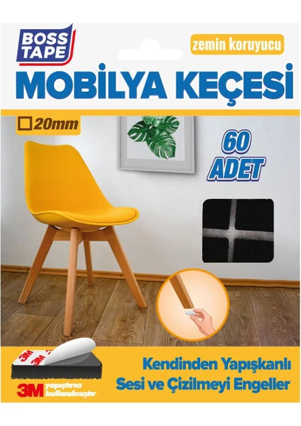 Boss Tape 3M Yapışkanlı 60 Adet 20MM Siyah Mobilya Sandalye Masa Ayağı Keçesi