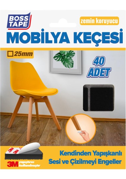 3M Yapışkanlı 40 Adet 25MM Kare Siyah Mobilya Sandalye Masa Ayağı Keçesi