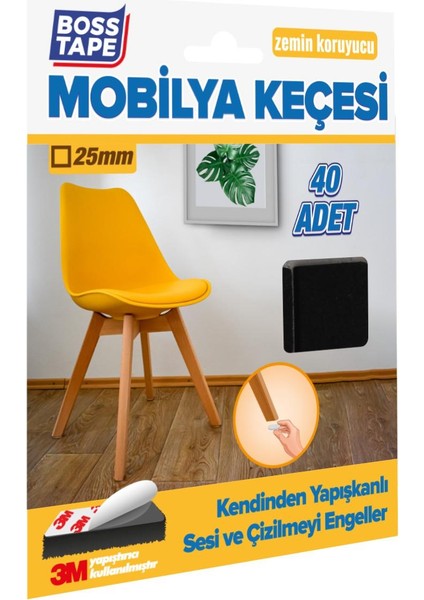 3M Yapışkanlı 40 Adet 25MM Kare Siyah Mobilya Sandalye Masa Ayağı Keçesi