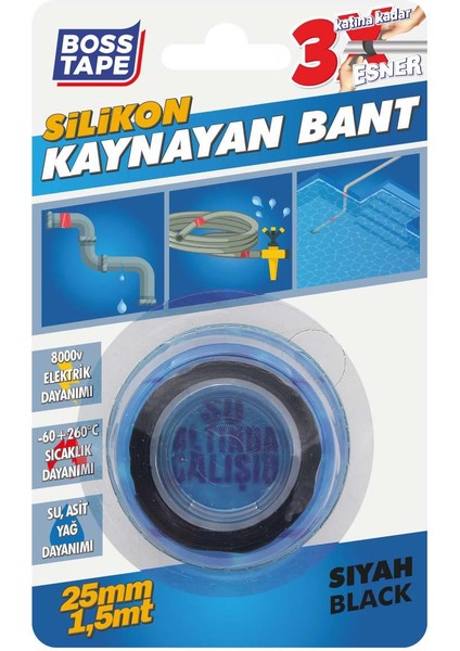 Silikon Kaynayan Kendi Üzerine Yapışan Suya Dayanıklı Tamir Bandı En:25mm Boy:1,5mt Siyah