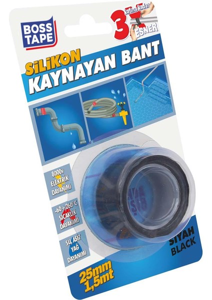 Silikon Kaynayan Kendi Üzerine Yapışan Suya Dayanıklı Tamir Bandı En:25mm Boy:1,5mt Siyah