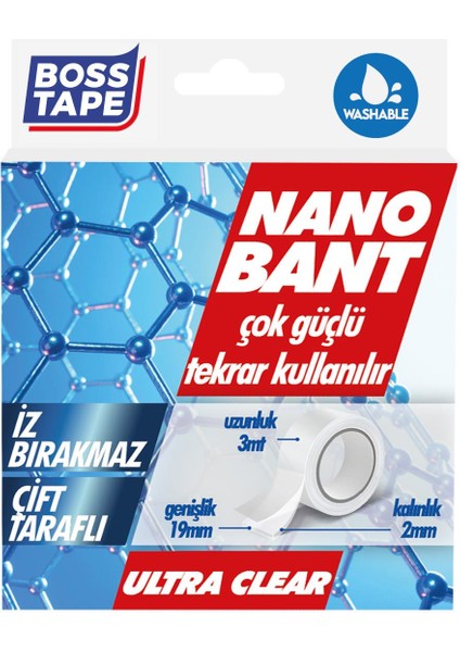 Nano Bant 3 Metre Çok Güçlü Çift Taraflı Şeffaf Yıkanabilir En:19mm