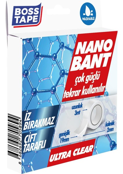 Nano Bant 3 Metre Çok Güçlü Çift Taraflı Şeffaf Yıkanabilir En:19mm