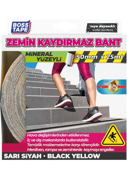 Sarı Siyah Zemin Merdiven Kaydırmaz Bant 50MMX25MT Zımpara Yapılı