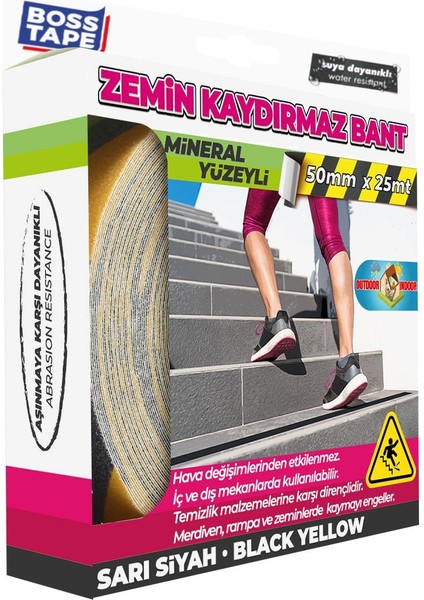 Sarı Siyah Zemin Merdiven Kaydırmaz Bant 50MMX25MT Zımpara Yapılı