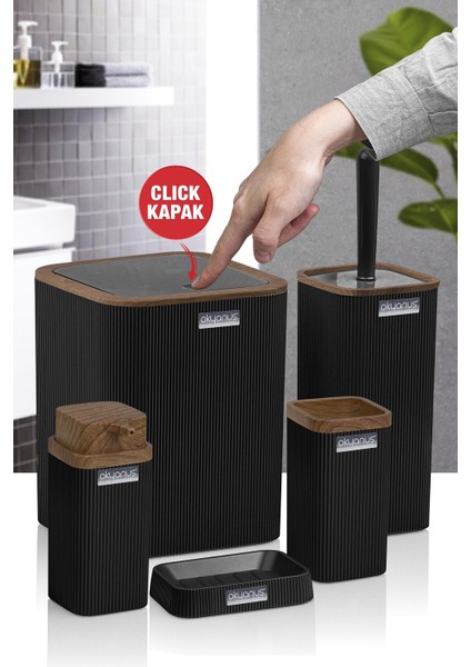 Stella Siyah Ahşap Desenli Çizgili 5'li Banyo Seti