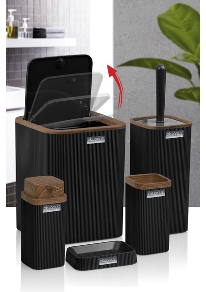 Stella Siyah Ahşap Desenli Çizgili 5'li Banyo Seti fiyatları